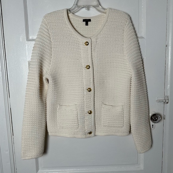 Talbots Kate Cardigan Sweater Crochet Knit Gold Buttons Cotton Large NWOT - Picture 9 of 16